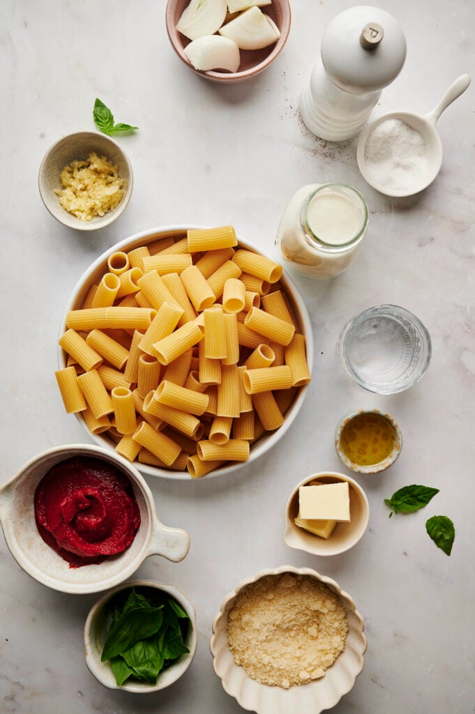 Ingredientes para Pasta alla Vodka, incluyendo pasta rigatoni, pasta de tomate, ajo, cebolla, crema espesa, queso parmesano, aceite de oliva y albahaca fresca