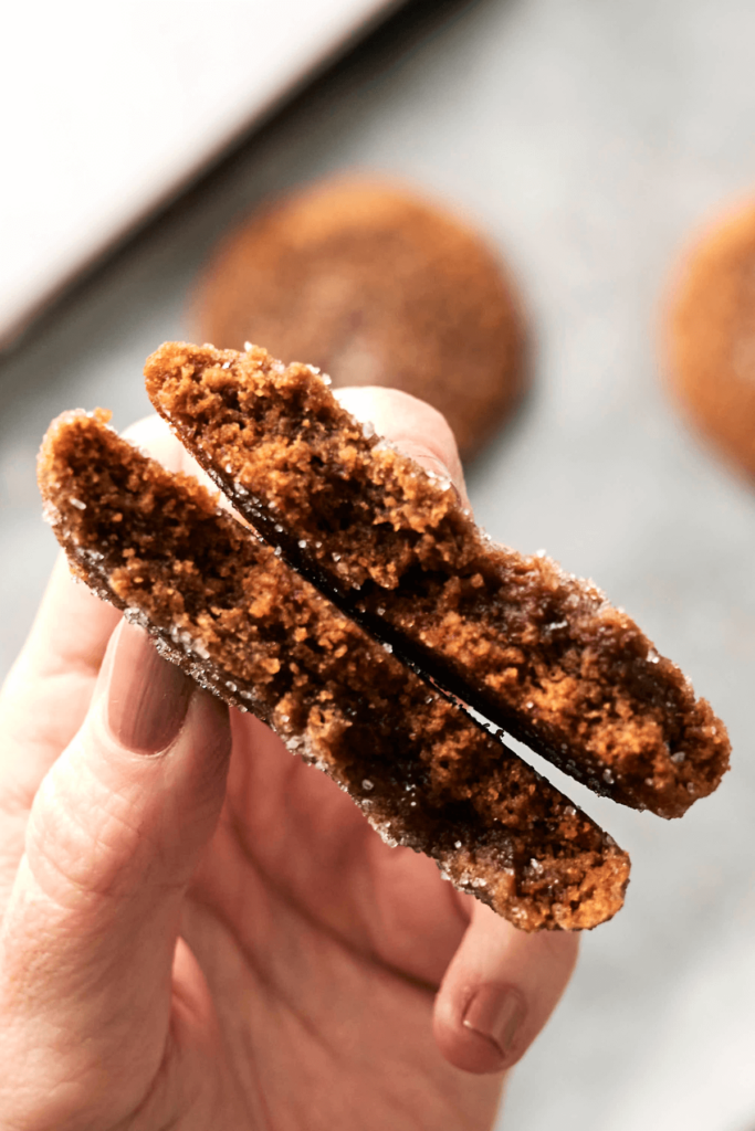 Primer plano de una mano sosteniendo una galleta de jengibre y melaza rota por la mitad, mostrando su interior suave y masticable con una corteza recubierta de azúcar. Galletas horneadas desenfocadas son visibles en el fondo.