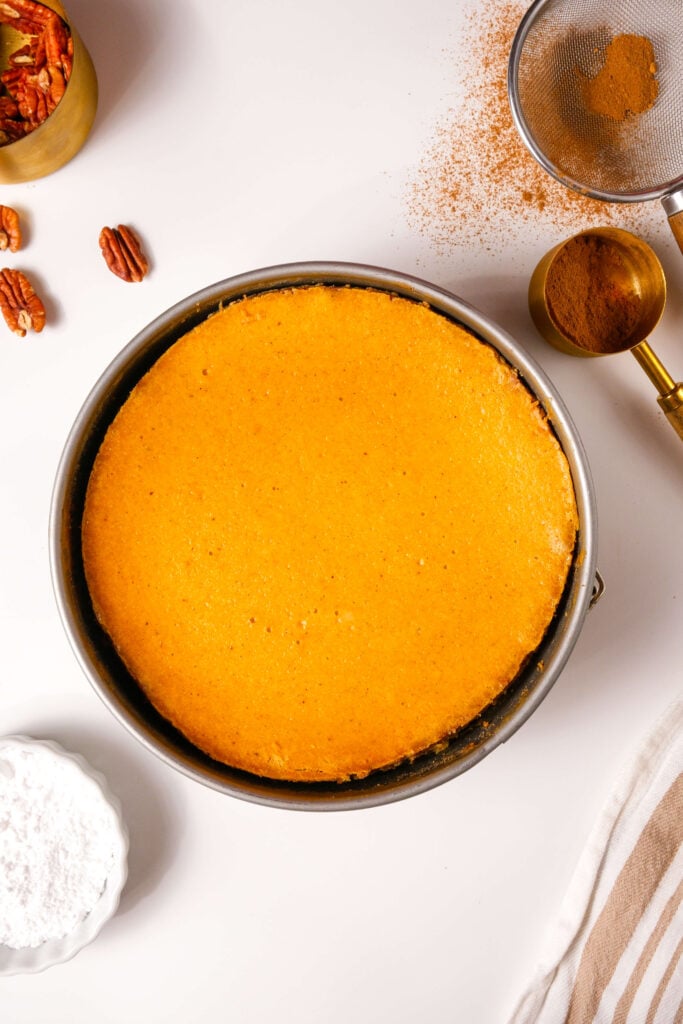 Cheesecake de calabaza completamente horneado enfriándose en un molde desmontable, rodeado de nueces y canela para decorar.